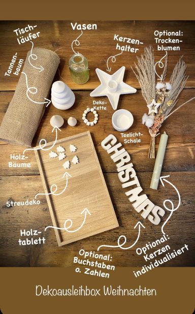 Tischdekoelemente für Weihnachten mit Holztablett, Sternkerzenhalter, Kerzen, Buchstaben, Weihnachtsbaum