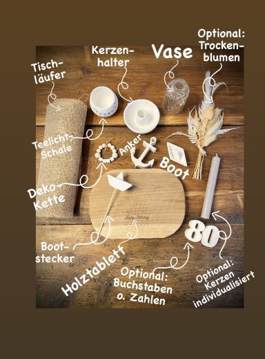 Übersicht über viele Dekoelemente, die zu einem Geburtstag passen: Dekobrett, Glasvase, Trockenblumen, Kerze, Kerzenhalter