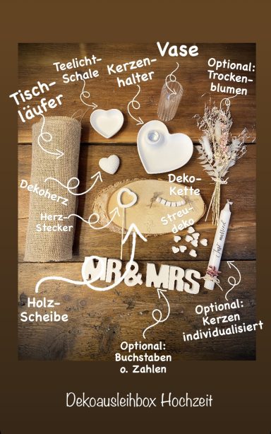 Dekoelemente für einen Hochzeitstisch mit Vasen, Trockenblumen und Kerzen