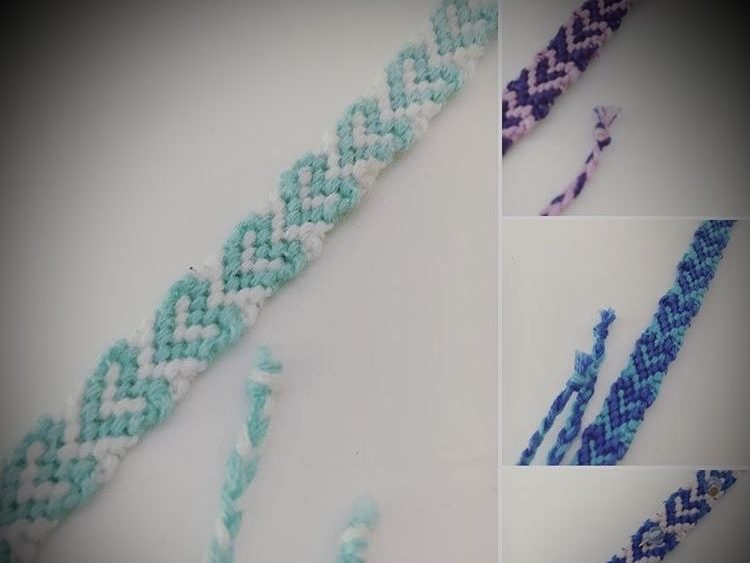 Fünf geflochtene Armbänder in verschiedenen Farben und Mustern.