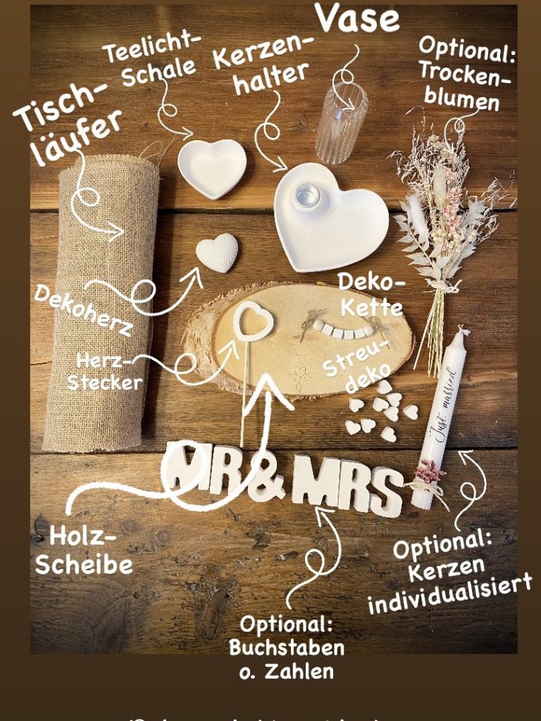 Dekorationselemente für eine Hochzeitsfeier, einschließlich Vasen und Herzformen.